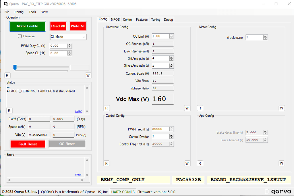 Motor Drive Gui Examples PAC_SIX_STEP_GUI (4 FAULT_TERMINAL: Flash CRC Test Status Failed ...
