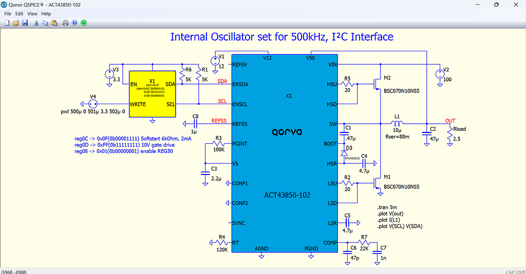 QSPICE Forum Schematic Capture "Internal Oscillator set for 500kHz, I²C ...