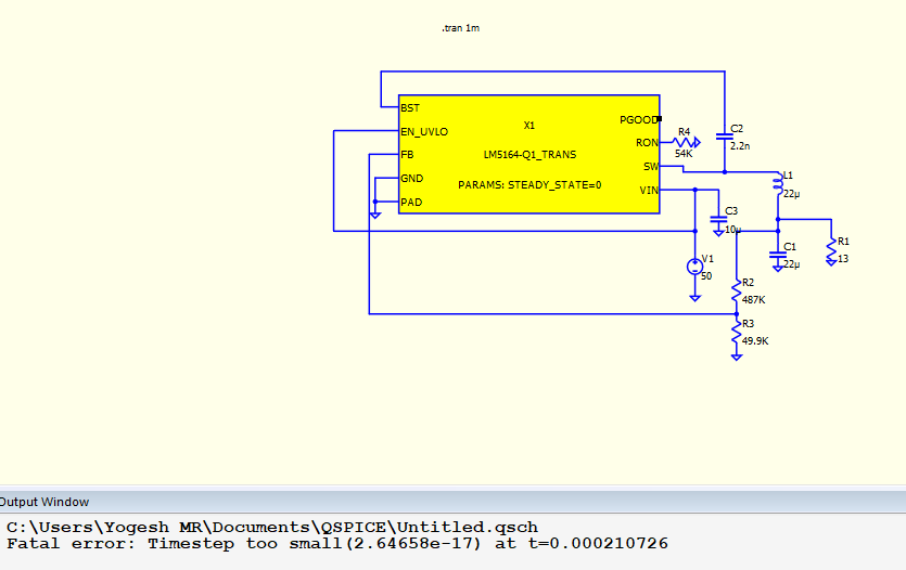 Simulating TI LM5164: Timestep too small error - QSPICE - Qorvo Tech Forum